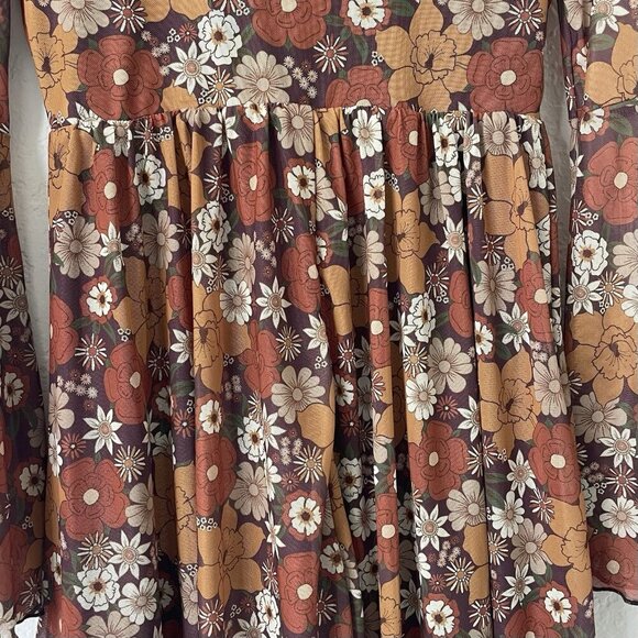 Womens Boho Milkmaid Dress Size M Brown Bell Sleeve Cottagecore Hippie Floral - Picture 10 of 16